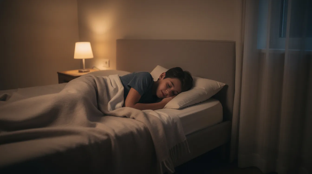 Un adolescent dort paisiblement dans une chambre calme, baignée d'une lumière tamisée, symbolisant un moment de repos avant la rentrée au collège, une étape importante pour les élèves et leurs parents. Cette image évoque la tranquillité nécessaire pour préparer les changements et les défis de la vie scolaire à venir.