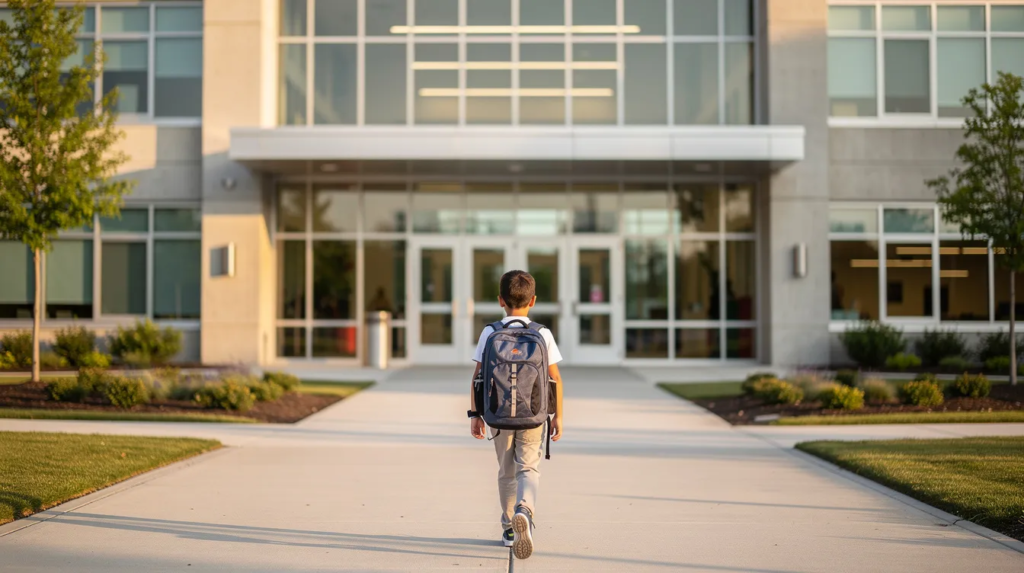 Un jeune élève portant un sac à dos marche avec détermination vers l'entrée d'un grand bâtiment scolaire moderne, symbolisant le passage vers le collège et une nouvelle étape de sa scolarité. Ce moment évoque les préparatifs de la rentrée et l'importance de l'accompagnement des parents et des enseignants dans cette transition.
