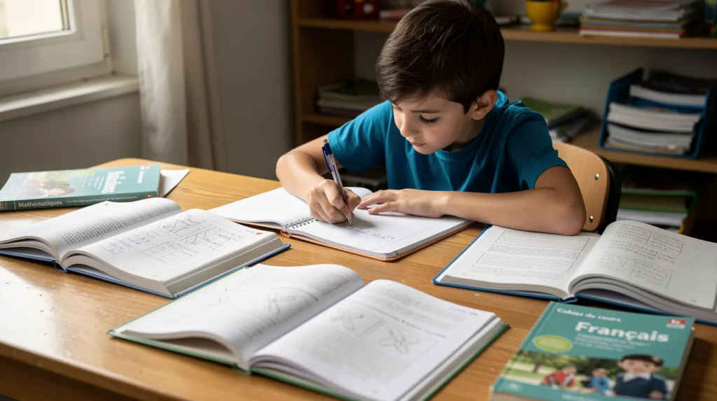 Un jeune collégien est assis à un bureau en bois, concentré sur l'écriture dans son cahier avec un stylo à la main. Des livres ouverts sont éparpillés autour de lui, témoignant de son travail sur la grammaire et l'orthographe en français.