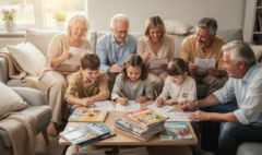 Une photo joyeuse d'une famille réunie dans un salon, allant des grands-parents aux petits-enfants, tous concentrés sur leurs mots fléchés avec un crayon à papier. Cette activité ludique stimule leur mémoire et leur esprit, tout en renforçant les liens familiaux et en offrant des bienfaits pour la santé mentale.