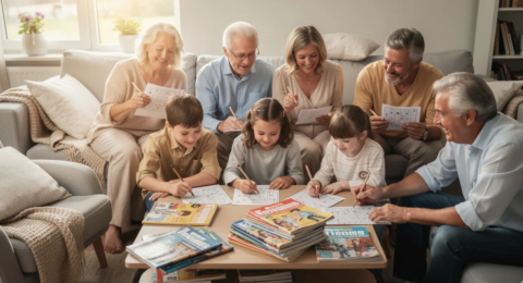 Une photo joyeuse d'une famille réunie dans un salon, allant des grands-parents aux petits-enfants, tous concentrés sur leurs mots fléchés avec un crayon à papier. Cette activité ludique stimule leur mémoire et leur esprit, tout en renforçant les liens familiaux et en offrant des bienfaits pour la santé mentale.