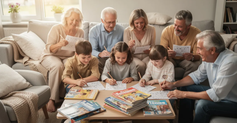 Une photo joyeuse d'une famille réunie dans un salon, allant des grands-parents aux petits-enfants, tous concentrés sur leurs mots fléchés avec un crayon à papier. Cette activité ludique stimule leur mémoire et leur esprit, tout en renforçant les liens familiaux et en offrant des bienfaits pour la santé mentale.