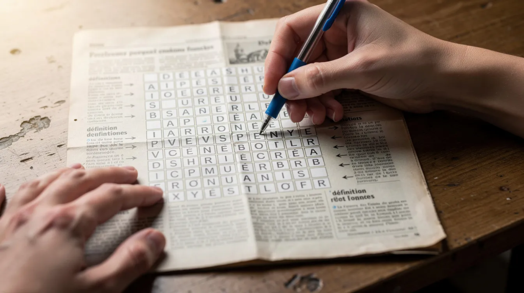 Une personne remplit une grille de mots fléchés avec un stylo bleu sur un bureau en bois, illustrant un moment de concentration et de réflexion. Cette activité est un excellent exercice pour stimuler le cerveau et maintenir la santé mentale tout en offrant des bienfaits pour la mémoire et le vocabulaire.
