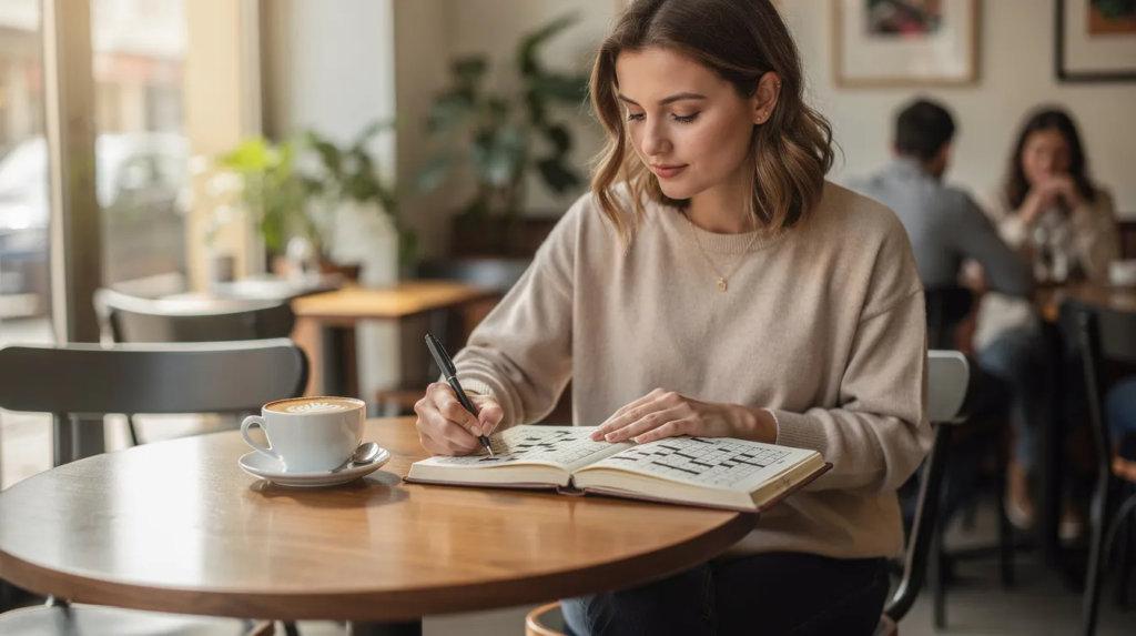 Une personne remplit une grille de mots fléchés avec un stylo bleu sur un bureau en bois, illustrant un moment de concentration et de réflexion. Cette activité est un excellent exercice pour stimuler le cerveau et maintenir la santé mentale tout en offrant des bienfaits pour la mémoire et le vocabulaire.