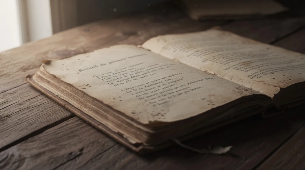 Une table en bois supporte un recueil de poèmes anciens, ses pages jaunies témoignent du temps qui passe et de la richesse de la culture littéraire. Cet ouvrage, symbole d'une étude approfondie de la poésie du Moyen Âge, pourrait être utilisé par des élèves de seconde pour développer leur esprit critique et leur maîtrise de la langue française dans le cadre du programme de français.
