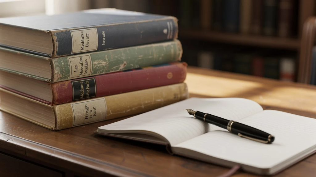 Une pile de romans classiques français est posée sur un bureau, à côté d'un cahier ouvert qui semble contenir des notes d'étude. Cette scène évoque la culture littéraire et l'esprit critique des élèves de seconde, engagés dans l'exploration des objets d'étude du programme de français.