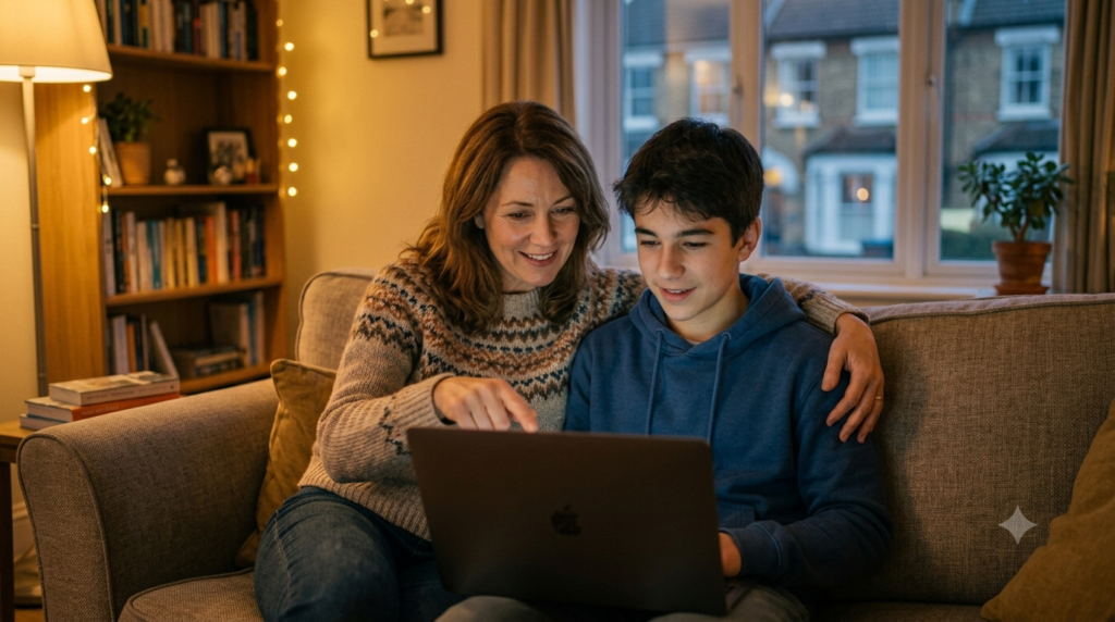 Parent et adolescent comparant ensemble les solutions de soutien scolaire en ligne, moment complice sur le canapé