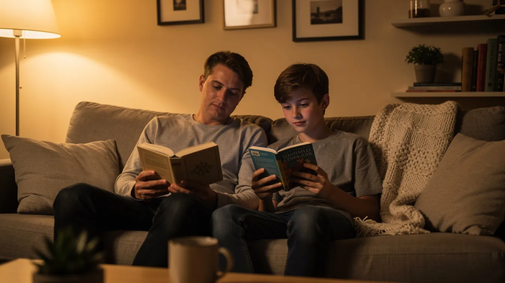 Un parent et un adolescent, tous deux plongés dans la lecture de livres différents, sont assis côte à côte sur un canapé dans une ambiance chaleureuse. Cette scène évoque un moment de partage et d'apprentissage, essentiel pour le développement des enfants à haut potentiel intellectuel (HPI) et leur compréhension des défis liés à la scolarité.