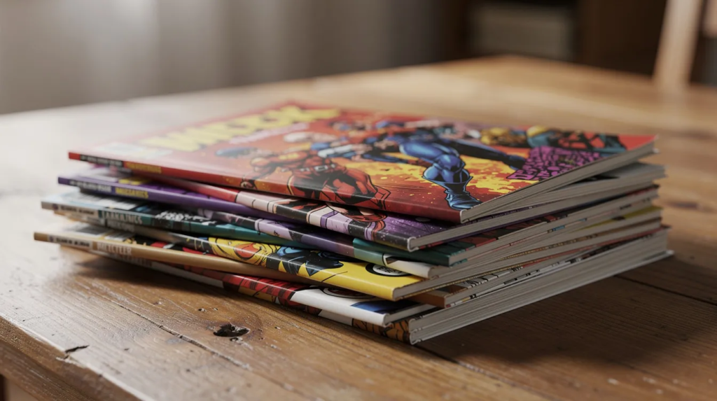 Une pile de bandes dessinées contemporaines colorées est soigneusement disposée sur une table en bois, offrant une variété d'histoires captivantes pour les adolescents, notamment des classiques et des adaptations littéraires, idéale pour les jeunes qui n'aiment pas lire. Ces BD sont une porte d'entrée vers l'univers de la lecture, attirant l'attention des enfants et des parents avec leurs visuels attrayants.