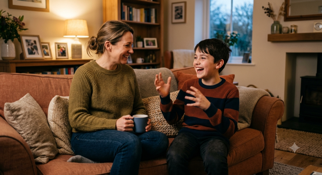 Parent et adolescent en conversation complice sur un canapé, le soutien familial d'un élève dys en français