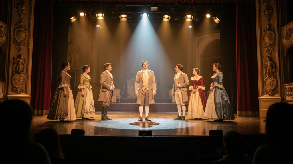Une scène de théâtre classique se déroule sous des projecteurs, mettant en avant des acteurs vêtus de costumes d'époque, illustrant la culture littéraire et l'histoire littéraire. Cette représentation pourrait enrichir les élèves de seconde dans leur étude de la poésie et du théâtre dans le cadre du programme de français.
