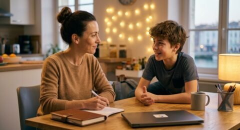 un collégien et sa mère parlent de soutien scolaire en français