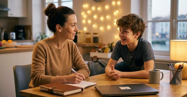 un collégien et sa mère parlent de soutien scolaire en français
