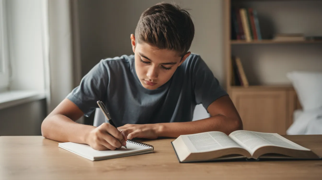un enfant travaille le français pour préparer la rentrée scolaire