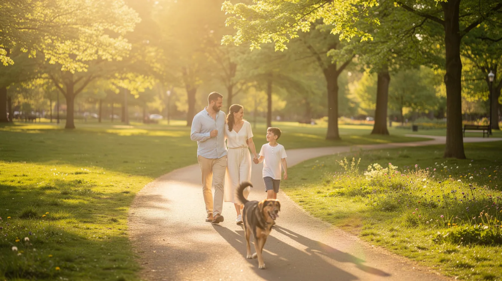 une famille se promène dans un parc