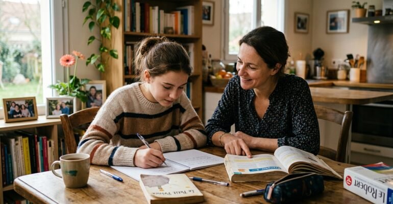 ado qui travaille le français avec sa mère