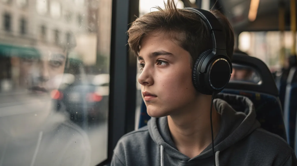 ado dans le bus écoute un livre audio