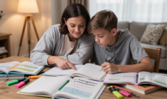 L'image montre un parent et un adolescent assis à une table, entourés de cahiers et de livres, concentrés sur leur leçon. Cette scène illustre l'importance de l'enseignement et de l'apprentissage en famille, tout en soulignant la nécessité d'éviter les confusions liées aux homophones grammaticaux.