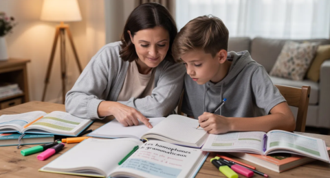 L'image montre un parent et un adolescent assis à une table, entourés de cahiers et de livres, concentrés sur leur leçon. Cette scène illustre l'importance de l'enseignement et de l'apprentissage en famille, tout en soulignant la nécessité d'éviter les confusions liées aux homophones grammaticaux.