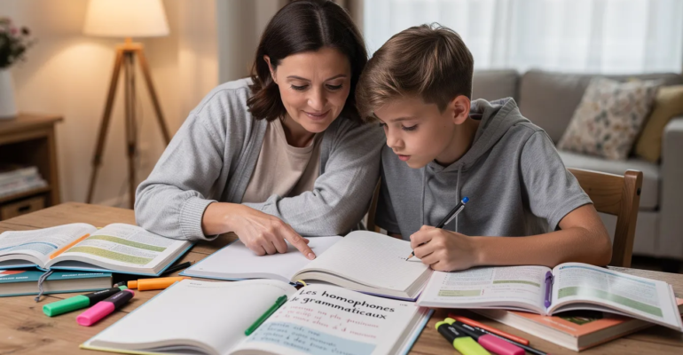 L'image montre un parent et un adolescent assis à une table, entourés de cahiers et de livres, concentrés sur leur leçon. Cette scène illustre l'importance de l'enseignement et de l'apprentissage en famille, tout en soulignant la nécessité d'éviter les confusions liées aux homophones grammaticaux.