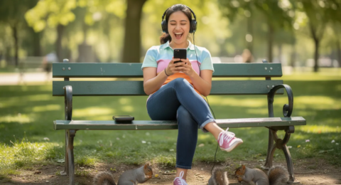 ado qui écoute livre audio dans un parc