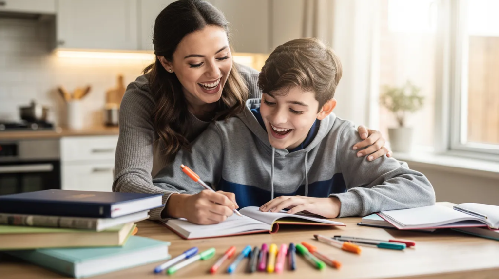 Mère et son ado travaillent le français