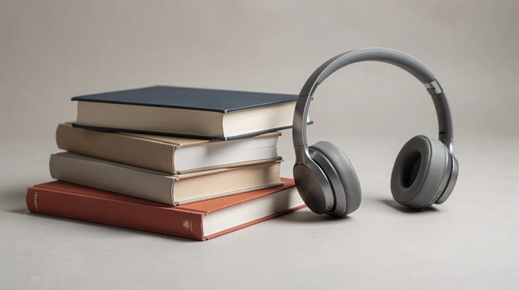 pile de livres et casque audio