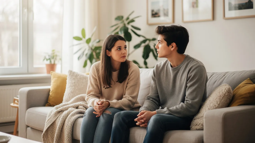 Un parent assis à côté d'un adolescent sur un canapé, dans un salon lumineux, pendant une conversation calme sur le harcèlement scolaire.