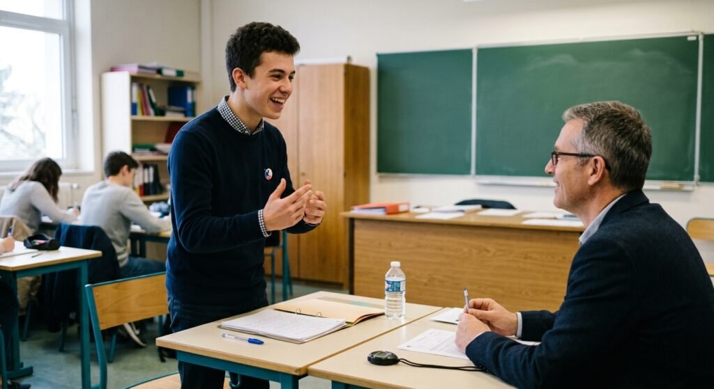 élève passe l'épreuve du bac de français oral devant un prof