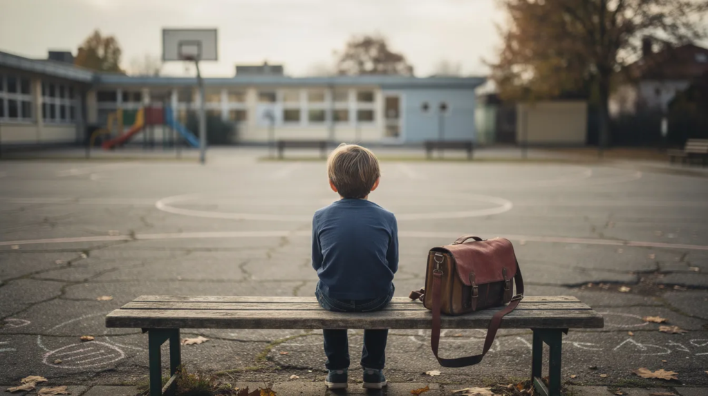 Un enfant assis seul sur un banc dans une cour d'école vide, vu de dos, son cartable posé à côté de lui. Il vit un harcèlement scolaire.