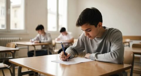 Lycéen concentré pendant l'épreuve de français au bac