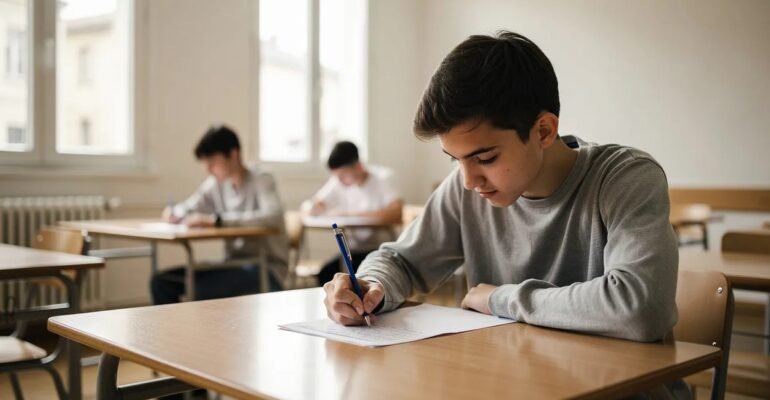 Lycéen concentré pendant l'épreuve de français au bac