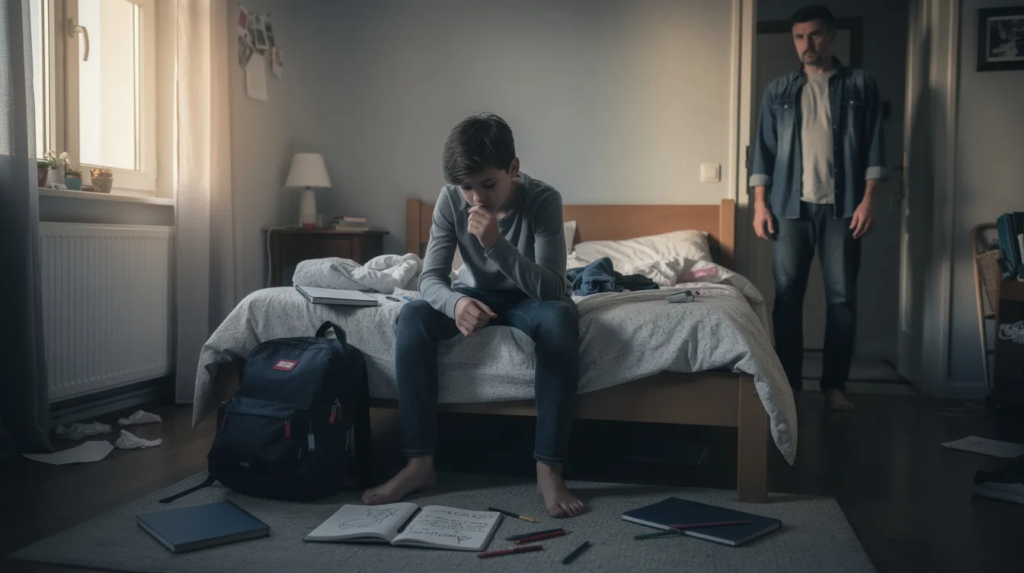 Un adolescent assis sur son lit, le regard triste, pendant que son père reste en retrait, impuissant face au harcèlement scolaire que vit son enfant.